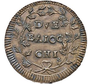 reverse: ANCONA - PRIMA REPUBBLICA ROMANA (1798 - 1799) - 2 baiocchi, I tipo
Rame - 15,77 gr.
Dritto: Fascio con scure e pileo a destra; a sinistra A, in basso A / P. - Rovescio: Iscrizione tra rami di quercia legati insieme da fiocco.
Gigante 3 Raro
Ottimo esemplare per una tipologia.
SPL-FDC