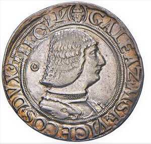 obverse: MILANO - GALEAZZO MARIA SFORZA (1468-1476) - Testone
Argento - 9,70 gr. - Diam. 28,2 mm.
Dritto: Busto corazzato del Duca Galeazzo. - Rovescio: Scudo inclinato sormontato da elmo con cimiero del drago; nel campo tizzoni ardenti e secchie. 
MIR 201/2  Crippa 6/a
Usuali debolezze di conio ma esemplare di notevole freschezza d aspetto.
Bello SPL