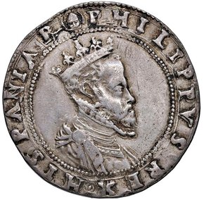 obverse: MILANO - FILIPPO II (1556-1598) - Mezzo scudo, s.d.
Argento - 16,41 gr. - Diam. 32,90 mm.
Dritto: Busto coronato a destra, corazzato, con goletta increspata e con manto fermato sulla spalla destra; - Rovescio: Stemma coronato, inquartato con le armi di Spagna e caricato dello scudetto di Milano. 
Crippa 21  CNI 306   Raro
Gradevole esemplare. Varietà con busto piccolo (Crippa, Le monete di Milano,  Vol. III, pag. 142).
m.BB
Ex Asta Munzen und Medaillen, del novembre 1963,  lotto 434