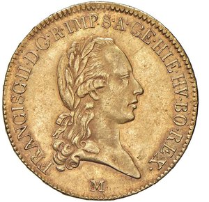 obverse: MILANO - FRANCESCO II D ASBURGO (1792-1800) - Sovrana di Fiandra 1800
Oro - 11,15 gr.
Dritto: Testa laureata a destra con lunga capigliatura; - Rovescio: Stemma d Austria coronato, col Toson d oro, su croce di Borgogna.
Gigante 7   Rara
Bell esemplare di qualità inusuale.
SPL-FDC