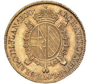 reverse: MILANO - FRANCESCO II D ASBURGO (1792-1800) - Sovrana di Fiandra 1800
Oro - 11,15 gr.
Dritto: Testa laureata a destra con lunga capigliatura; - Rovescio: Stemma d Austria coronato, col Toson d oro, su croce di Borgogna.
Gigante 7   Rara
Bell esemplare di qualità inusuale.
SPL-FDC