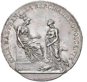 obverse: MILANO - REPUBBLICA CISALPINA  (1800-1802) - Scudo da 6 lire
Argento
23,01 gr.
Dritto: Allegorie della Francia, seduta, e della Repubblica Cisalpina, in piedi; - Rovescio: Iscrizione entro rami di quercia legati in basso con fiocco
Gigante 1   Raro
Lievi hairlines
q.SPL