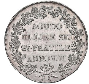 reverse: MILANO - REPUBBLICA CISALPINA  (1800-1802) - Scudo da 6 lire
Argento
23,01 gr.
Dritto: Allegorie della Francia, seduta, e della Repubblica Cisalpina, in piedi; - Rovescio: Iscrizione entro rami di quercia legati in basso con fiocco
Gigante 1   Raro
Lievi hairlines
q.SPL