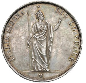 obverse: MILANO - GOVERNO PROVVISORIO DI LOMBARDIA (1848) - 5 Lire 1848
Argento
25,01 gr.
Dritto: Iscrizione tra un ramo di lauro ed uno di quercia, legati in basso con fiocco; - Rovescio: Italia turrita e paludata, con asta e sormontata da una stella, posta su mensola con sottobase
Gigante 3
Gradevole patina
m.SPL