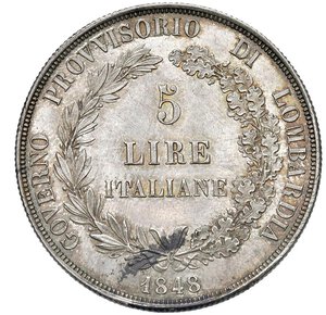 reverse: MILANO - GOVERNO PROVVISORIO DI LOMBARDIA (1848) - 5 Lire 1848
Argento
25,01 gr.
Dritto: Iscrizione tra un ramo di lauro ed uno di quercia, legati in basso con fiocco; - Rovescio: Italia turrita e paludata, con asta e sormontata da una stella, posta su mensola con sottobase
Gigante 3
Gradevole patina
m.SPL