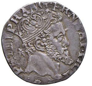 obverse: NAPOLI - FILIPPO II (1554-1598) - Carlino, s.d., IBR
Argento - 2,52 gr. - Diam. 22 mm.
Dritto: Testa radiata a destra; - Rovescio: iscrizione tra due rami di lauro legati in basso con fiocco
Pannuti Riccio 15
Lieve tosatura ma gradevole esemplare.
m.BB

La sigla IBR è relativa al mastro di zecca Giovanni Battista Raveschieri.