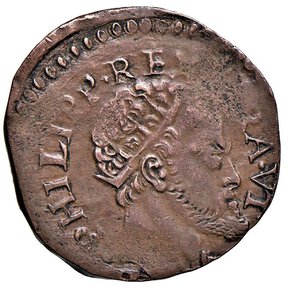 obverse: NAPOLI - FILIPPO II (1554-1598) - Tornese 1585
Rame - 7,51 gr.
Dritto: Testa radiata a destra; - Rovescio: Cornucopia con frutta e spighe.
Pannuti Riccio 75,  Magliocca 188  Molto raro
Esemplare di qualità inusuale. Difetti di tondello e lieve vecchia pulizia, altrimenti
q.SPL