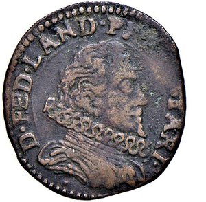 obverse: BARDI - FEDERICO LANDI (1590-1630) - Sesino, s.d.
Rame - 0,82 gr.
Dritto: Busto a destra con collare alla spagnola; - Rovescio: Scoglio colpito da venti nel mare in tempesta.
MIR 94  Molto raro
Lievi ossidazioni, ma esemplare di qualità inusuale per questa rara tipologia.
Buon BB