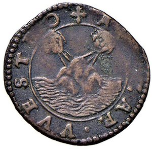 reverse: BARDI - FEDERICO LANDI (1590-1630) - Sesino, s.d.
Rame - 0,82 gr.
Dritto: Busto a destra con collare alla spagnola; - Rovescio: Scoglio colpito da venti nel mare in tempesta.
MIR 94  Molto raro
Lievi ossidazioni, ma esemplare di qualità inusuale per questa rara tipologia.
Buon BB