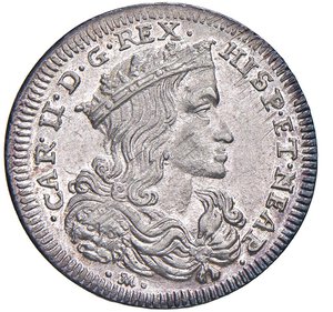 obverse: NAPOLI - CARLO II (1665-1700) - 20 grana o Tarì 1696
Argento - 4,38 gr.
Dritto: Busto coronato volto a destra. - Toson d Oro tra foglie a volute.
Pannuti Riccio 23   Non comune
Lievi strappi di conio al /D, usuali per la tipologia. Esemplare con fondi quasi speculari.
q.FDC