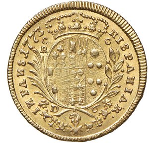 reverse: NAPOLI - FERDINANDO IV (1759-1799) - 6 ducati 1773
Oro - 8,81 gr.
Dritto: Busto a destra. - Rovescio: Stemma coronato fra due rami di palma e di alloro intrecciati alla base .
Gigante 21
Usuali difetti di tondello.
Bello SPL
Ex asta Bolaffi 42, Collezione Vesuvio, lotto 542 - SPL