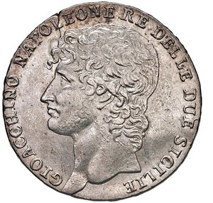 obverse: NAPOLI - GIOACCHINO MURAT (1808-1815) - Piastra da dodici carlini 1810
Argento - 27,53 gr.
Dritto: Testa nuda a sinistra - Rovescio: Iscrizione tra un ramo d ulivo ed uno stelo di grano con spighe, legati in basso con fiocco.
Gigante 2   Molto raro
Lievissima frattura di conio ma gradevole esemplare.
q.SPL