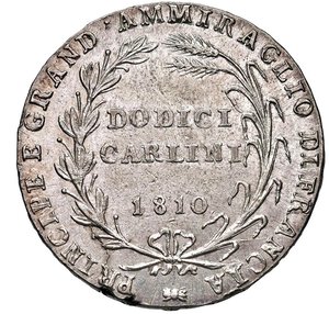 reverse: NAPOLI - GIOACCHINO MURAT (1808-1815) - Piastra da dodici carlini 1810
Argento - 27,53 gr.
Dritto: Testa nuda a sinistra - Rovescio: Iscrizione tra un ramo d ulivo ed uno stelo di grano con spighe, legati in basso con fiocco.
Gigante 2   Molto raro
Lievissima frattura di conio ma gradevole esemplare.
q.SPL