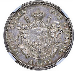 reverse: NAPOLI - GIOACCHINO MURAT (1808-1815) - 5 lire 1813
Argento - n.d.
Dritto: Testa nuda a destra - Rovescio: Stemma coronato su padiglione.
Gigante 12   Non comune
Delicata patina iridescente.
Sigillato NGC AU55
Certificato NGC n. 6634006-012
Ex asta GMA 4, lotto 463 - q.SPL/SPL