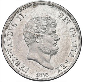 obverse: NAPOLI - FERDINANDO II (1839-1859) - Piastra da 120 grana 1853
Argento - 27,60 gr.
Dritto: Testa nuda, adulta, piccola e barbuta, a destra; - Rovescio: Stemma coronato.
Gigante 84
Di ottima freschezza d aspetto.
m.SPL