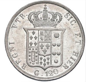 reverse: NAPOLI - FERDINANDO II (1839-1859) - Piastra da 120 grana 1853
Argento - 27,60 gr.
Dritto: Testa nuda, adulta, piccola e barbuta, a destra; - Rovescio: Stemma coronato.
Gigante 84
Di ottima freschezza d aspetto.
m.SPL