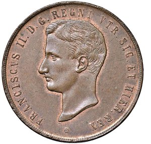 obverse: NAPOLI - FRANCESCO II (1859-1860) - 10 tornesi 1859
Rame -  30,26 gr.
Dritto: Testa nuda a sinistra. - Rovescio: Giglio.
Gigante 4
Usuali difetti di tondello. Tracce di rame rosso.
Bello SPL