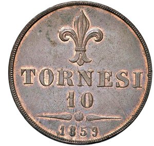 reverse: NAPOLI - FRANCESCO II (1859-1860) - 10 tornesi 1859
Rame -  30,26 gr.
Dritto: Testa nuda a sinistra. - Rovescio: Giglio.
Gigante 4
Usuali difetti di tondello. Tracce di rame rosso.
Bello SPL