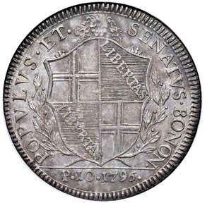 obverse: GOVERNO POPOLARE DI BOLOGA (1796-1797) - Scudo da 10 Paoli, 1796
Argento - n.d.
Dritto: Stemma inquadrato della città sormontato da testa leonina. - Rovescio: La Beata Vergine con il Figlio sulle nubi; sotto, veduta della città.
Gigante 5
Sigillato NGC AU55
Certificato NGC n. 3165957-007
Ex Heritage 3004 del 5 gennaio 2009, lotto 21742, proveniente dalla  Grundy Collection  - AU55