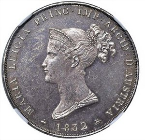 obverse: PARMA - MARIA LUIGIA (1815-1847) - 5 lire 1832
Argento - n.d.
Dritto: Busto diademato a sinistra - Rovescio: Stemma coronato su padiglione
Gigante 7  Raro
Sigillato NGC MS61
Certificato NGC n. 3498612-007