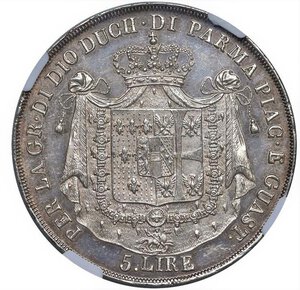 reverse: PARMA - MARIA LUIGIA (1815-1847) - 5 lire 1832
Argento - n.d.
Dritto: Busto diademato a sinistra - Rovescio: Stemma coronato su padiglione
Gigante 7  Raro
Sigillato NGC MS61
Certificato NGC n. 3498612-007