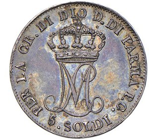 reverse: PARMA - MARIA LUIGIA (1815-1847) - 5 soldi 1815
Argento - 1,23 gr.
Dritto: Busto diademato a sinistra; - Rovescio: Grande Monogramma ML coronato.
Gigante 12
Bella patina di vecchia raccolta.
m.SPL