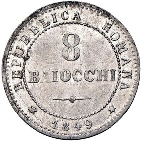 obverse: ROMA - SECONDA REPUBBLICA ROMANA (1848-1849) - 8 baiocchi 1849
Mistura - 4,01 gr.
Dritto: Iscrizione entro cerchio perlinato; - Rovescio: Aquila su fascio volta a destra, entro corona di quercia.
Gigante 3
Bell esemplare dall argentatura integra.
q.FDC