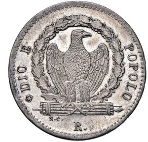 reverse: ROMA - SECONDA REPUBBLICA ROMANA (1848-1849) - 8 baiocchi 1849
Mistura - 4,01 gr.
Dritto: Iscrizione entro cerchio perlinato; - Rovescio: Aquila su fascio volta a destra, entro corona di quercia.
Gigante 3
Bell esemplare dall argentatura integra.
q.FDC