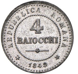 obverse: ROMA - SECONDA REPUBBLICA ROMANA (1848-1849) - 4 baiocchi 1849
Mistura - 2,00 gr.
Dritto: Iscrizione entro cerchio perlinato; - Rovescio: Aquila su fascio volta a destra, entro corona di quercia.
Gigante 4
Bello SPL