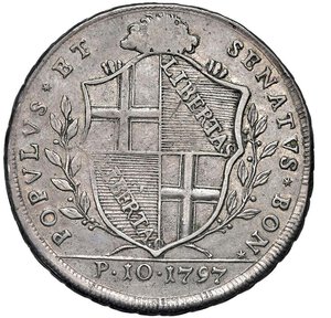 obverse: GOVERNO POPOLARE DI BOLOGNA (1796-1797) - Scudo da 10 Paoli, 1797
Argento - 28,92 gr.
Dritto: Stemma inquadrato della città sormontato da testa leonina. - Rovescio: La Beata Vergine con il Figlio sulle nubi; sotto, veduta della città.
Gigante 6b
Lievi debolezze di conio
BB