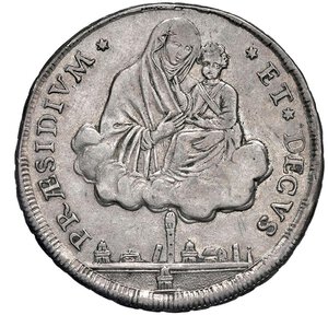 reverse: GOVERNO POPOLARE DI BOLOGNA (1796-1797) - Scudo da 10 Paoli, 1797
Argento - 28,92 gr.
Dritto: Stemma inquadrato della città sormontato da testa leonina. - Rovescio: La Beata Vergine con il Figlio sulle nubi; sotto, veduta della città.
Gigante 6b
Lievi debolezze di conio
BB