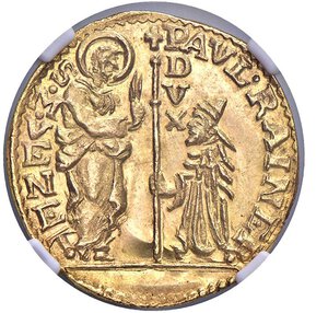 obverse: VENEZIA - PAOLO RENIER (1779-1789) - Zecchino
Oro - n.d.
Dritto: San Marco nimbato, stante a destra, mentre consegna un vessillo con la scritta DVX al Doge inginocchiato verso sinistra; - Rovescio: Figura del Redentore stante di fronte, benedicente con la mano destra e reggente il Vangelo con la sinistra.
Gigante 72
Sigillato NGC MS64
Certificato NGC n. 2126498-050