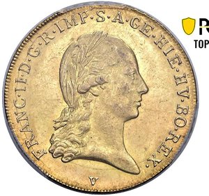 obverse: VENEZIA - FRANCESCO I D ASBURGO (1815-1835) - Sovrana di Fiandra 1793
Oro - n.d.
Dritto: Testa laureata a destra con lunga capigliatura legata in basso con fiocco; - Rovescio: Stemma d Austria coronato, col Toson d oro, su croce di Borgogna.
Gigante 2   Rara
Di ottima freschezza.
Sigillato PCGS MS62 - TOP-POP
Certificato PCGS n. 42558088