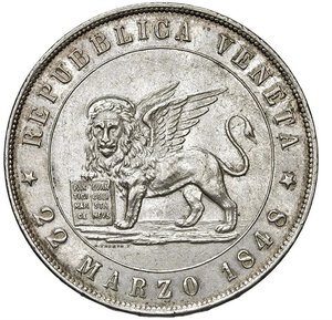 obverse: VENEZIA - GOVERNO PROVVISORIO DI VENEZIA (1848-1849) - 5 lire 1848
Argento
24,99 gr.
Dritto: Leone nimbato ed alato entro cerchio lineare; - Rovescio: Iscrizione entro un ramo di lauro ed uno di quercia, legati in basso con fiocco
Gigante 2   Non comune
Lievissimi graffietti, altrimenti m.SPL