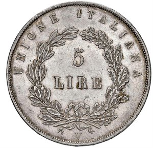 reverse: VENEZIA - GOVERNO PROVVISORIO DI VENEZIA (1848-1849) - 5 lire 1848
Argento
24,99 gr.
Dritto: Leone nimbato ed alato entro cerchio lineare; - Rovescio: Iscrizione entro un ramo di lauro ed uno di quercia, legati in basso con fiocco
Gigante 2   Non comune
Lievissimi graffietti, altrimenti m.SPL