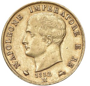 obverse: MILANO - NAPOLEONE I, Re d Italia (1805-1814) - 40 lire 1813, puntali aguzzi
Oro - 12,99 gr.
Dritto: Testa nuda a sinistra. - Rovescio: stemma coronato su padiglione sorretto da alabarde decussate con puntali aguzzi.
Gigante 77   Rarissimo
Graffietto al D/.
Complessivamente SPL