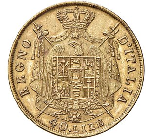 reverse: MILANO - NAPOLEONE I, Re d Italia (1805-1814) - 40 lire 1813, puntali aguzzi
Oro - 12,99 gr.
Dritto: Testa nuda a sinistra. - Rovescio: stemma coronato su padiglione sorretto da alabarde decussate con puntali aguzzi.
Gigante 77   Rarissimo
Graffietto al D/.
Complessivamente SPL