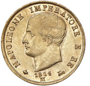 obverse: NAPOLEONE I, Re d Italia (1805-1814) - 40 lire 1814, Milano, puntali sagomati
Oro -  12,99 gr.
Dritto: Testa nuda a sinistra. - Rovescio: stemma coronato su padiglione sorretto da alabarde decussate con puntali sagomati.
Gigante 82
Di inusuale conservazione
m.SPL