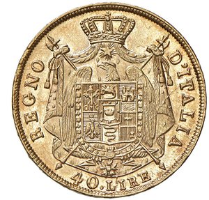 reverse: NAPOLEONE I, Re d Italia (1805-1814) - 40 lire 1814, Milano, puntali sagomati
Oro -  12,99 gr.
Dritto: Testa nuda a sinistra. - Rovescio: stemma coronato su padiglione sorretto da alabarde decussate con puntali sagomati.
Gigante 82
Di inusuale conservazione
m.SPL