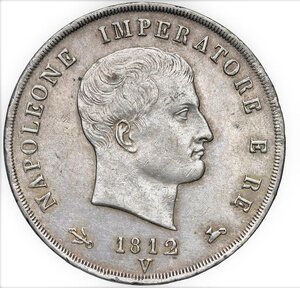 obverse: NAPOLEONE I, Re d Italia (1805-1814) - 5 lire 1812, Venezia
Argento 
25,00 gr.
Dritto: Testa nuda a destra. - Rovescio: Stemma coronato su padiglione sorretto da alabarde decussate con puntali aguzzi
Gigante 112   Raro
Impercettibili hairlines al D/, ma gradevole esemplare
SPL