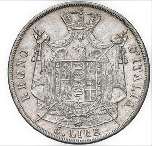 reverse: NAPOLEONE I, Re d Italia (1805-1814) - 5 lire 1812, Venezia
Argento 
25,00 gr.
Dritto: Testa nuda a destra. - Rovescio: Stemma coronato su padiglione sorretto da alabarde decussate con puntali aguzzi
Gigante 112   Raro
Impercettibili hairlines al D/, ma gradevole esemplare
SPL