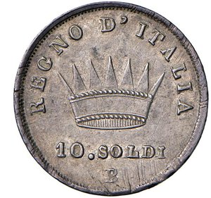 reverse: NAPOLEONE I, Re d Italia (1805-1814) - 10 soldi 1813, Bologna
Argento - 2,48 gr.
Dritto: Testa nuda a destra. - Rovescio: Corona ferrea radiata.
Gigante 180   Rarissimo
SPL