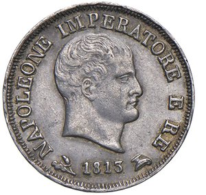 obverse: NAPOLEONE I, Re d Italia (1805-1814) - 10 soldi 1813, Bologna
Argento - 2,47 gr.
Dritto: Testa nuda a destra. - Rovescio: Corona ferrea radiata.
Gigante 183   Rarissimo
SPL