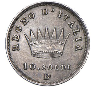 reverse: NAPOLEONE I, Re d Italia (1805-1814) - 10 soldi 1813, Bologna
Argento - 2,47 gr.
Dritto: Testa nuda a destra. - Rovescio: Corona ferrea radiata.
Gigante 183   Rarissimo
SPL