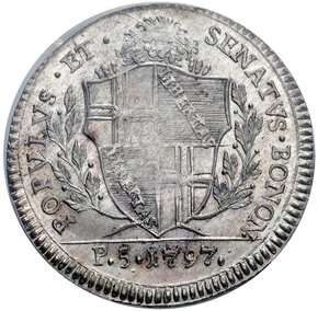 obverse: GOVERNO POPOLARE DI BOLOGNA (1796-1797) - 1/2 scudo da 5 Paoli, 1797
Argento - 14,22 gr.
Dritto: Stemma inquadrato della città sormontato da testa leonina - Rovescio: La Beata Vergine con il Figlio sulle nubi; sotto, veduta della città.
Gigante 10   Raro
Esemplare di notevole freschezza d aspetto.
Sigillato PCGS MS63
Certificato PCGS n. 82141677
Ex Ranieri 12 del 9 e 10 dicembre 2017, lotto 451 - MS63