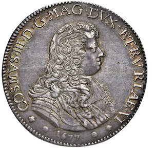 obverse: FIRENZE - COSIMO III DE MEDICI (1670-1723) - Piastra 1677
Argento - 31,25 gr.
Dritto: Busto a destra corazzato a testa nuda. - Rovescio: San Giovanni, con capo nimbato, battezza Gesù Cristo, con capo radiato, nelle acque del Giordano: in alto lo Spirito Santo.
MIR 326/4   Rara
Bell esemplare, dal modulo ampio e regolare, impreziosito da delicata patina di medagliere
SPL/m.SPL