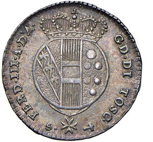 obverse: FIRENZE - FERDINANDO III (1791-1824) - 10 soldi da 1/2 lira, 1821
Argento - 1,90 gr.
Dritto: Stemma coronato su croce di S. Stefano; - Rovescio: Iscrizione
Gigante 49
Bella patina di vecchia raccolta.
q.SPL/m.BB