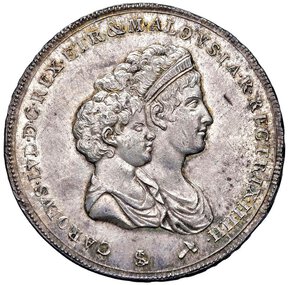 obverse: FIRENZE - REGNO D ETRURIA - CARLO LUDOVICO (1803-1807) - Mezza dena 1804
Argento - 19,69 gr.
Dritto: Busti accollati a destra. - Rovescio: Stemma coronato, su croce di S. Stefano, entro Collare del Toson d Oro.
Gigante 16   Non comune
Bella patina di vecchia raccolta.
Ottimo SPL-FDC