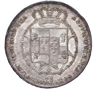 reverse: FIRENZE - REGNO D ETRURIA - CARLO LUDOVICO (1803-1807) - Mezza dena 1804
Argento - 19,69 gr.
Dritto: Busti accollati a destra. - Rovescio: Stemma coronato, su croce di S. Stefano, entro Collare del Toson d Oro.
Gigante 16   Non comune
Bella patina di vecchia raccolta.
Ottimo SPL-FDC