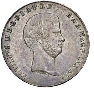 obverse: FIRENZE - Leopoldo II (1824-1959) - Francescone 1858
Argento - 27,42 gr.
Dritto: Testa nuda adulta a destra; - Rovescio: Stemma coronato su croce di Santo Stefano  ed il collare del Toson d oro.
Gigante 24a
Lieve debolezza di ocnio, ma bellissimo esemplare con patina di vecchia raccolta.
q.FDC